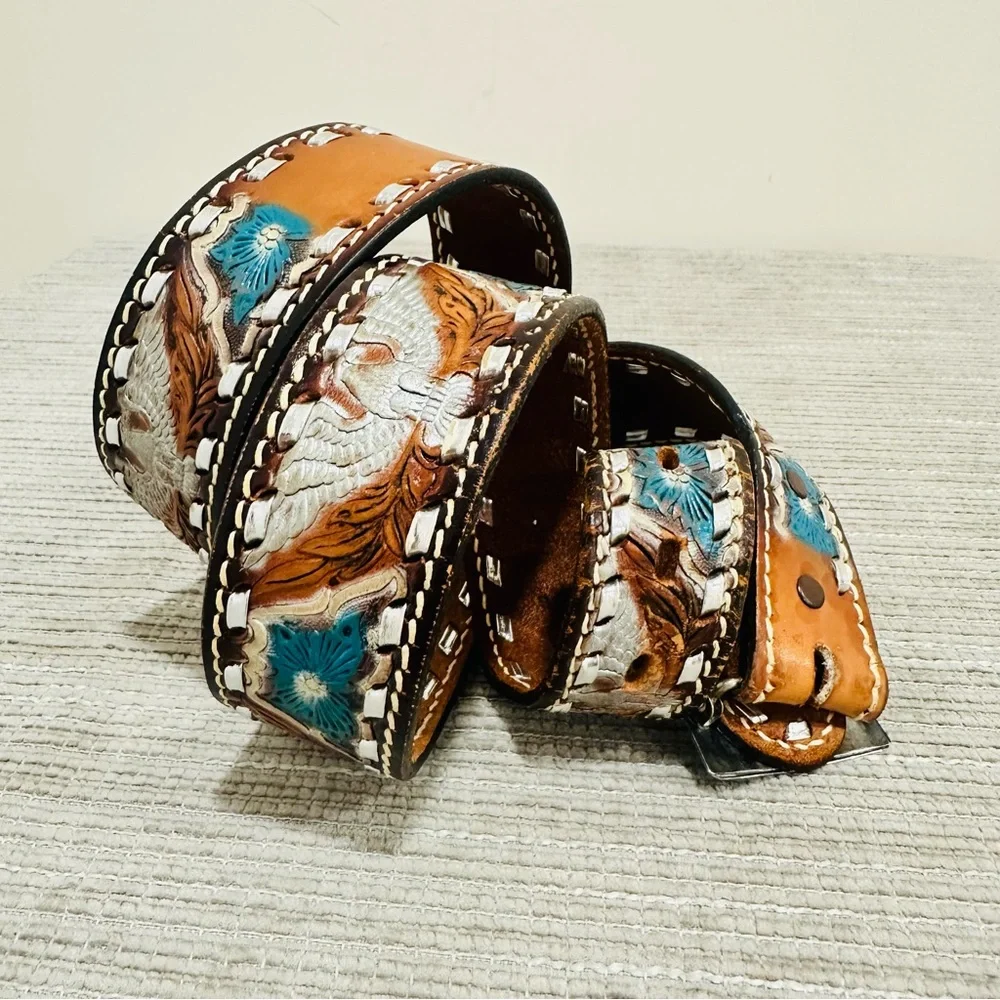 Navajo Sterling Silver Bear Paw Belt Buckle Raymond Begay B Chip Inlay w/ Belt‎